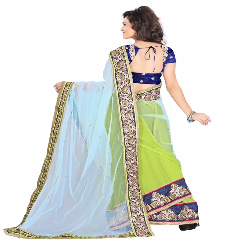 Lookslady Embroidered Light Blue & Green Pure Georgette Saree