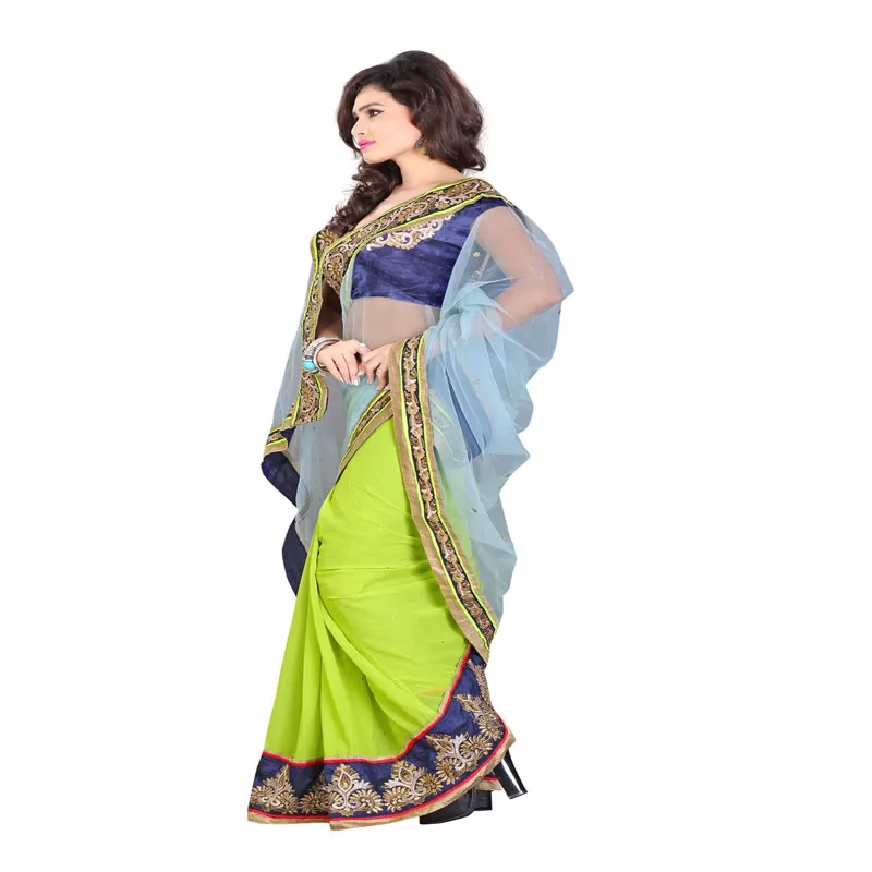 Lookslady Embroidered Light Blue & Green Pure Georgette Saree