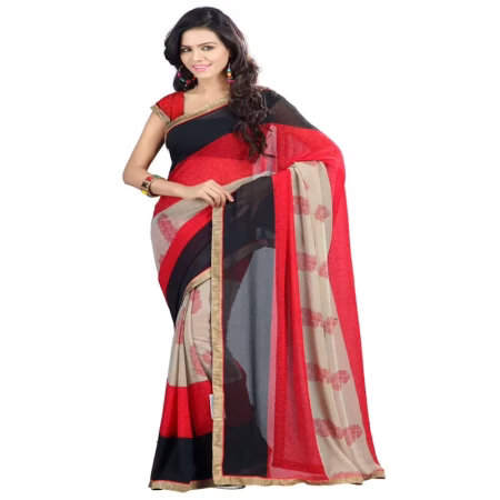 Lookslady Printed Red Chiffon Saree