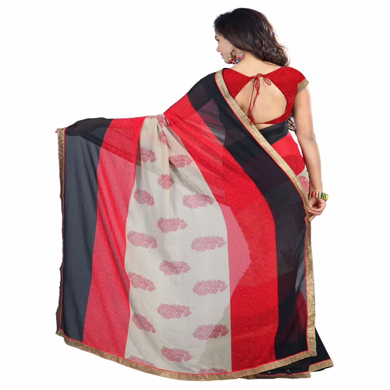 Lookslady Printed Red Chiffon Saree