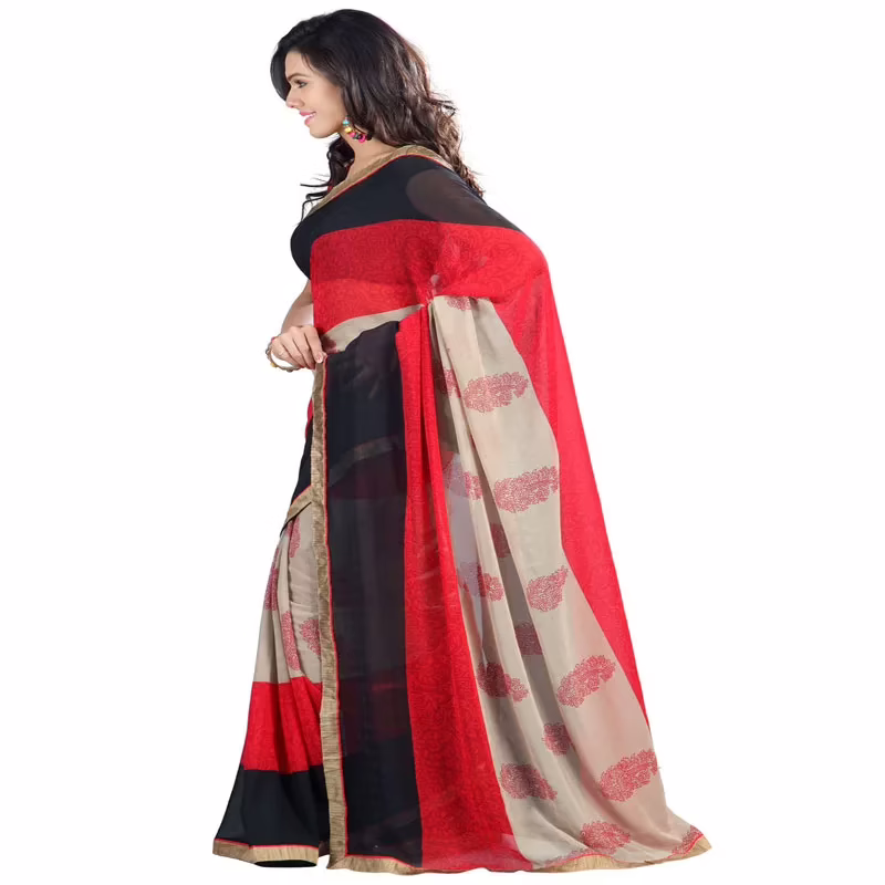 Lookslady Printed Red Chiffon Saree