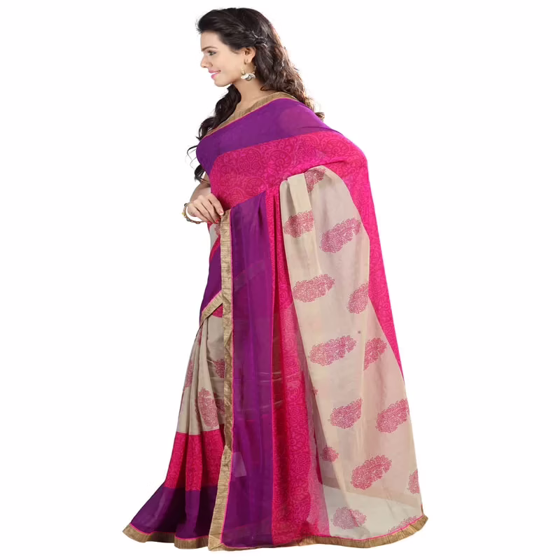 Lookslady Printed Pink Chiffon Saree