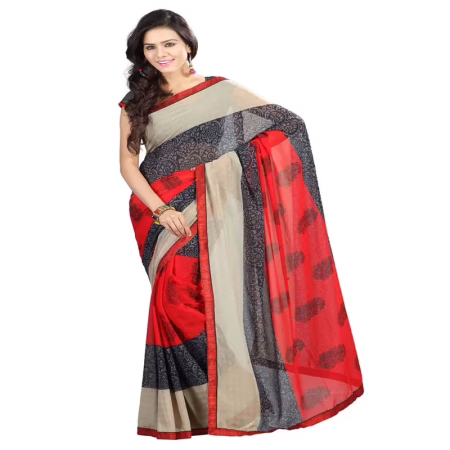 Lookslady Printed Red Chiffon Saree