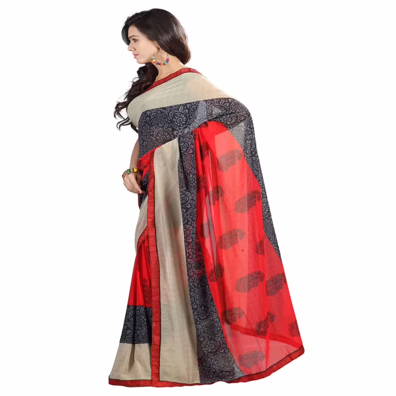 Lookslady Printed Red Chiffon Saree