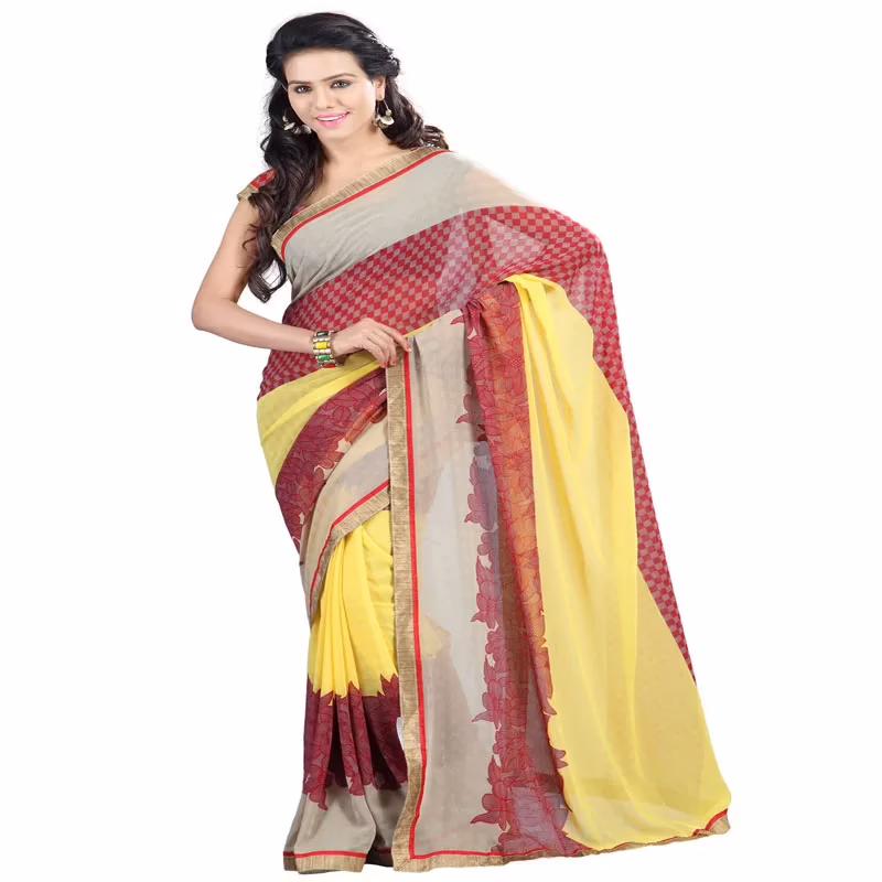 Lookslady Printed Red Chiffon Saree