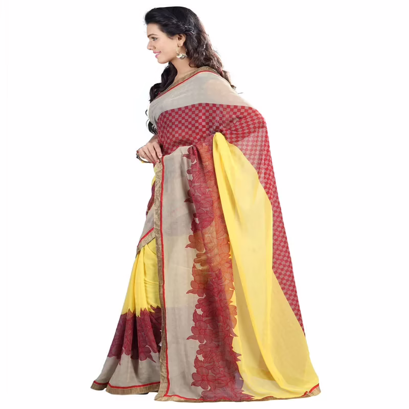 Lookslady Printed Red Chiffon Saree