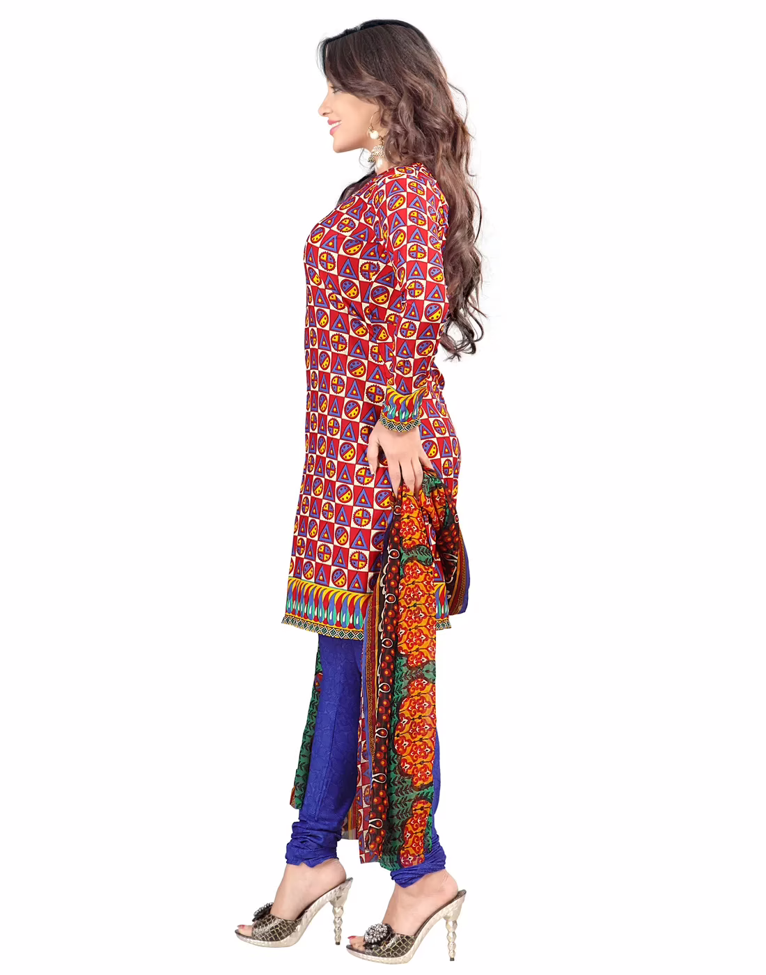 Lookslady Printed Red Crepe Dress-Material