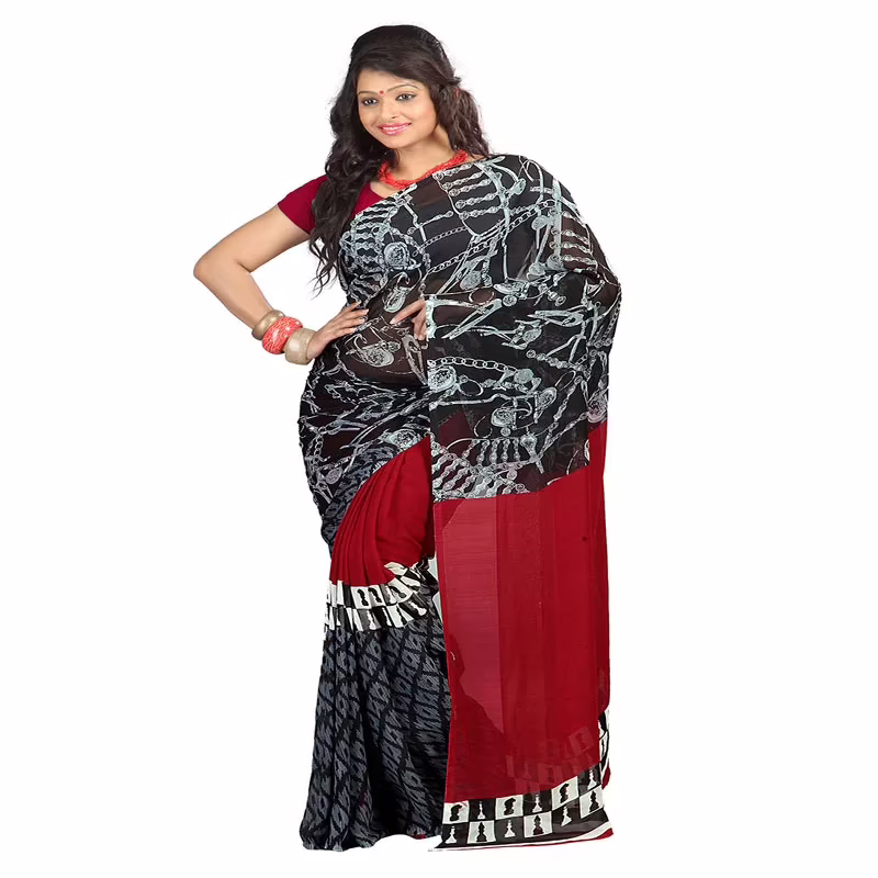 Lookslady Printed Red Faux Georgette saree