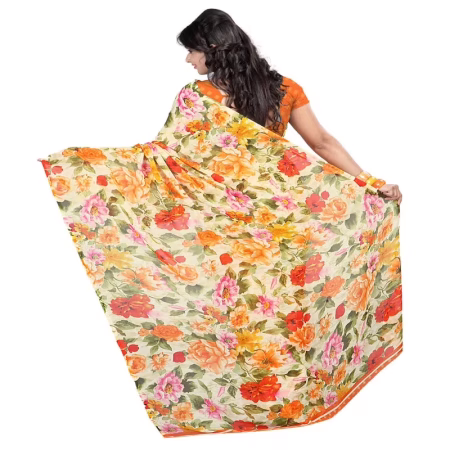 Lookslady Printed Orange Faux Georgette saree
