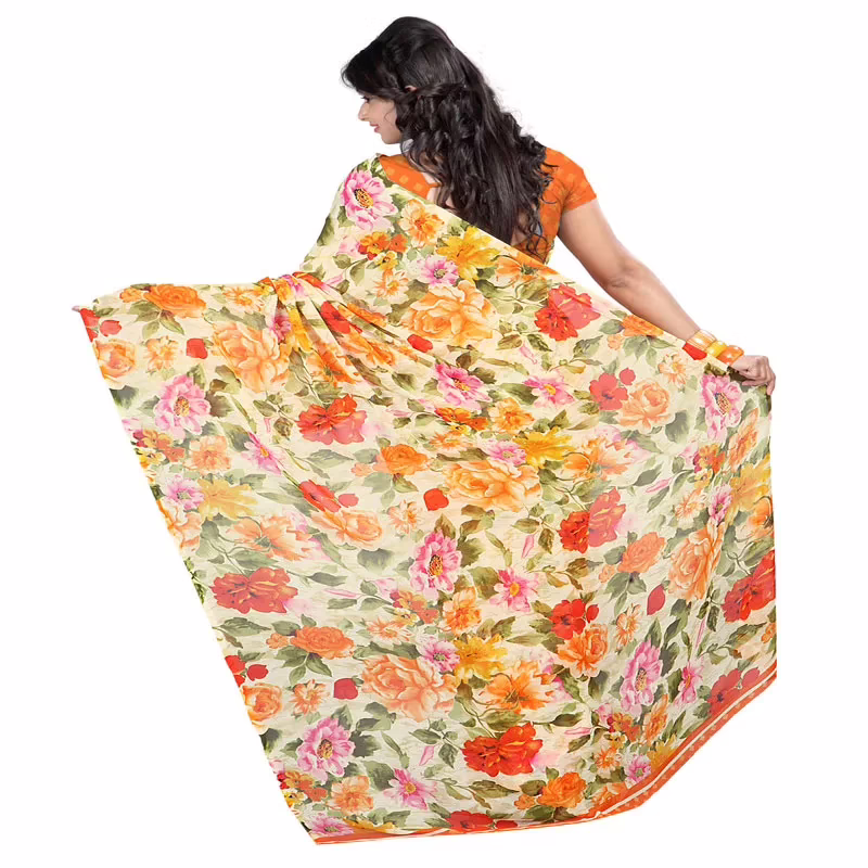 Lookslady Printed Orange Faux Georgette saree