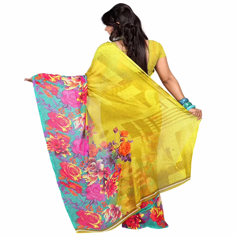 Lookslady Printed Yellow Faux Georgette saree