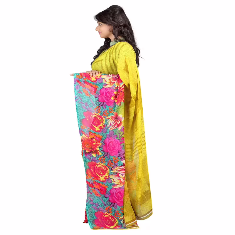 Lookslady Printed Yellow Faux Georgette saree