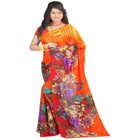 Lookslady Printed Orange Faux Georgette saree