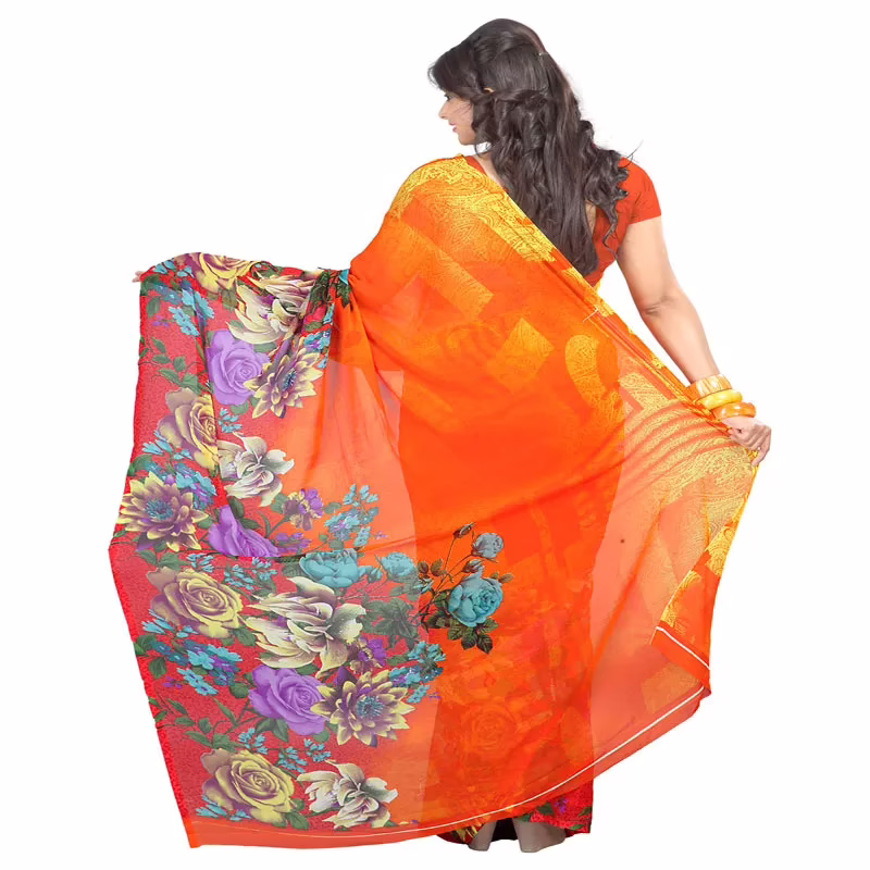 Lookslady Printed Orange Faux Georgette saree