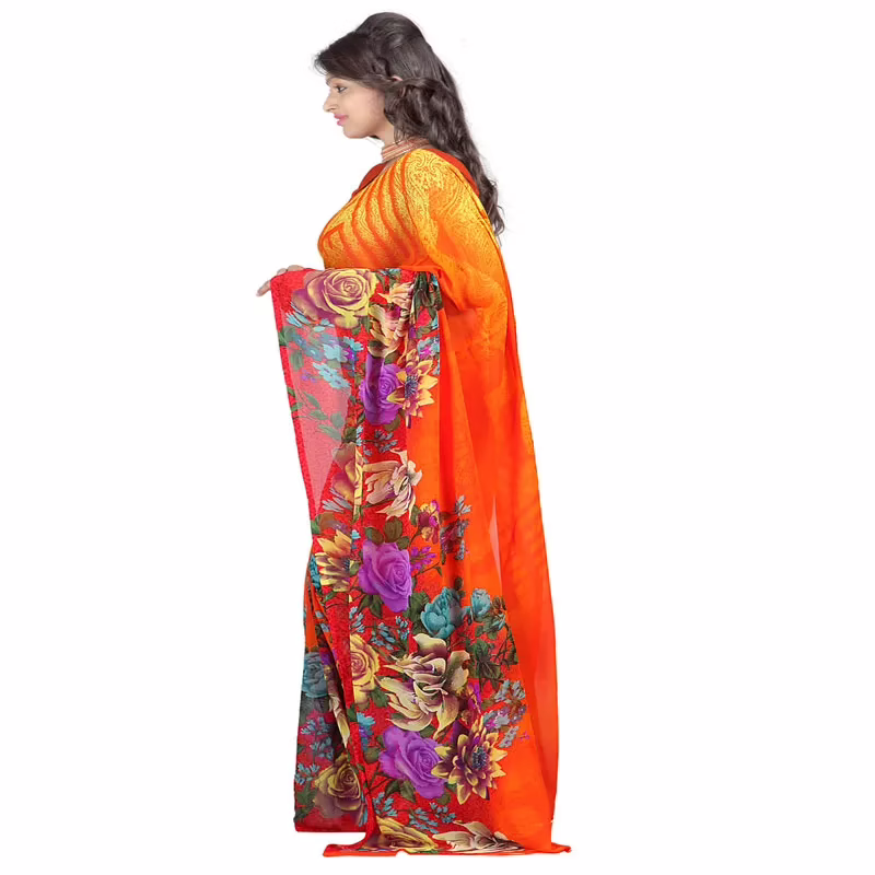 Lookslady Printed Orange Faux Georgette saree