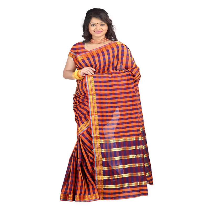 Lookslady Printed Orange & Blue Cotton Saree
