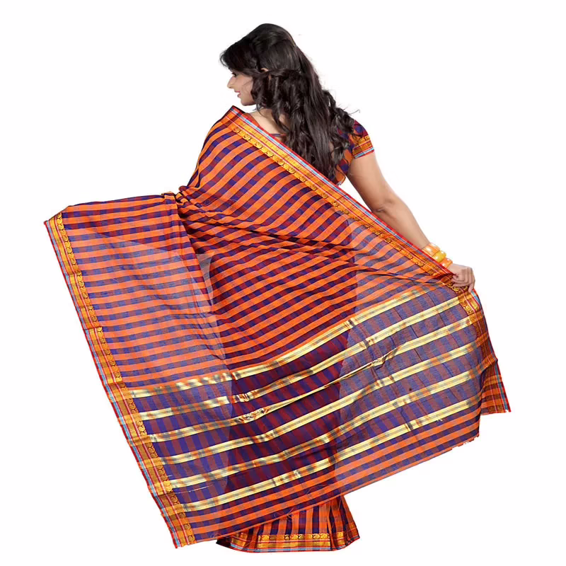 Lookslady Printed Orange & Blue Cotton Saree
