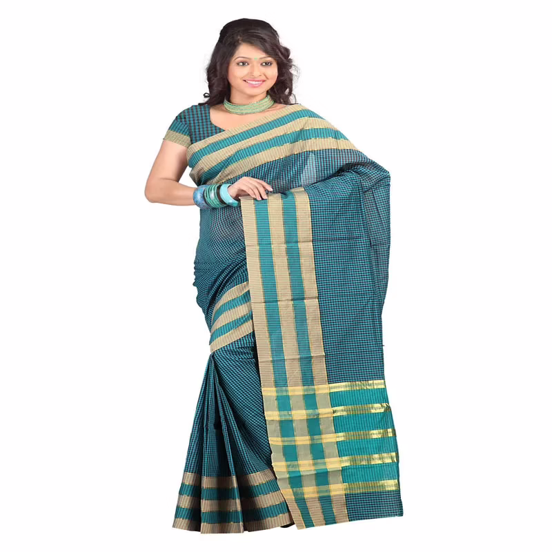 Lookslady Printed Turquoise & Dark Blue Cotton Saree