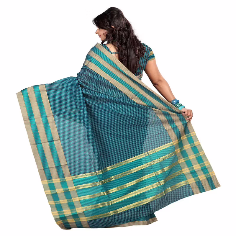 Lookslady Printed Turquoise & Dark Blue Cotton Saree
