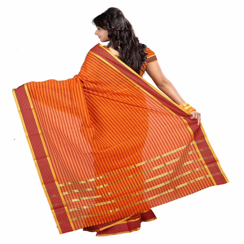 Lookslady Printed Orange & Gold Cotton Saree