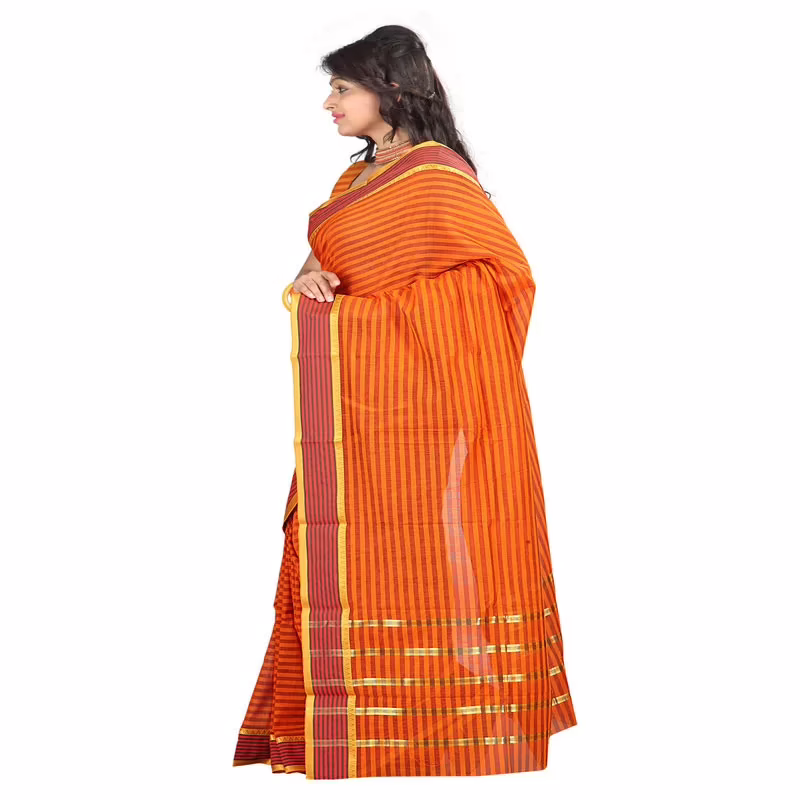 Lookslady Printed Orange & Gold Cotton Saree