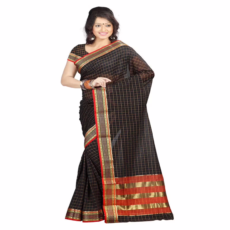 Lookslady Printed Black & Orange Cotton Saree