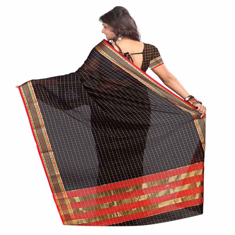 Lookslady Printed Black & Orange Cotton Saree