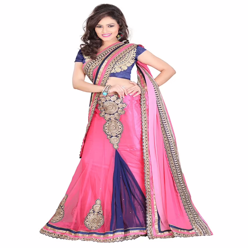 Lookslady Embroidered Pink Pure Georgette Lehenga Saree