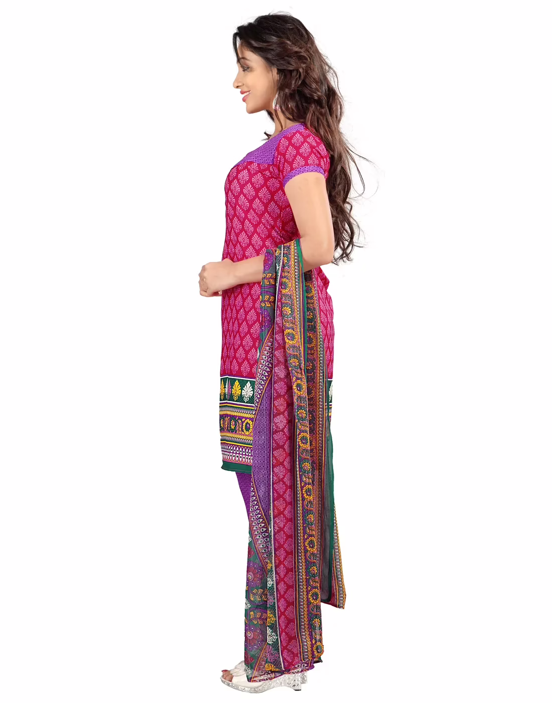 Lookslady Printed Pink Crepe Dress-Material