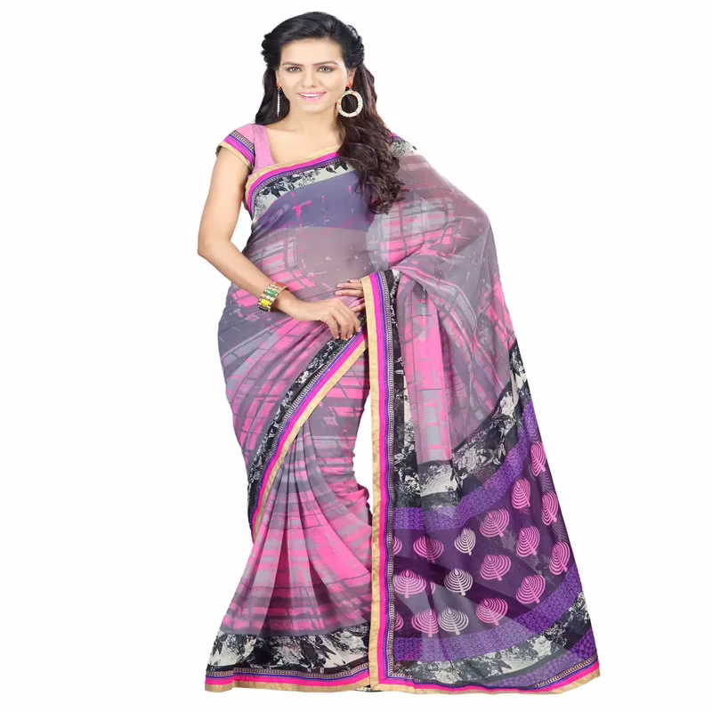 Lookslady Printed Pink Faux Georgette saree