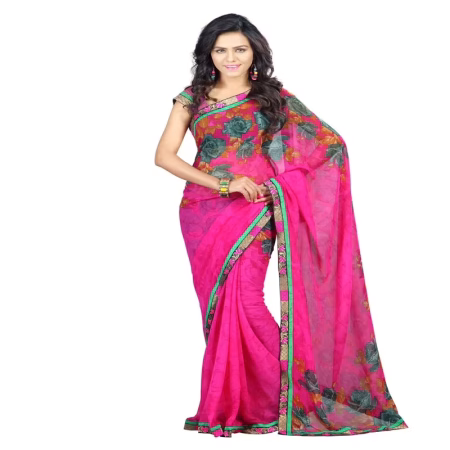 Lookslady Printed Pink Faux Georgette saree