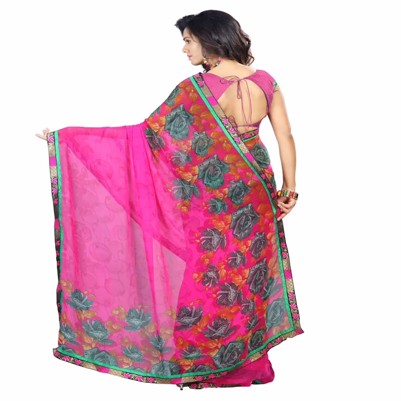 Lookslady Printed Pink Faux Georgette saree