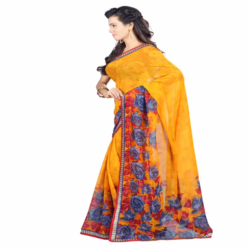 Lookslady Printed Yellow Faux Georgette saree
