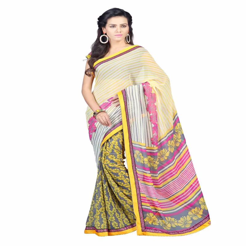 Lookslady Printed Yellow Faux Georgette saree
