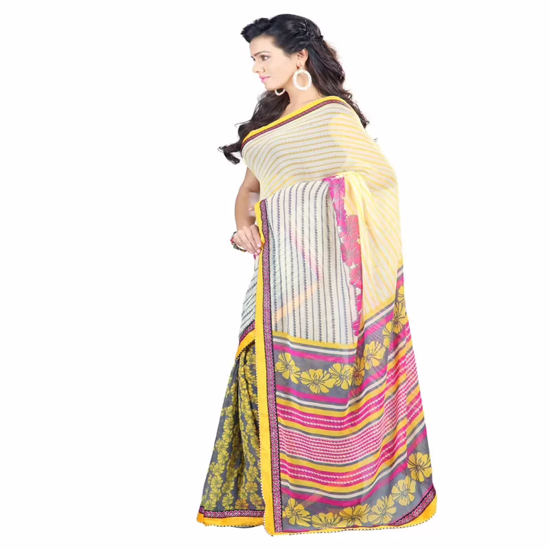 Lookslady Printed Yellow Faux Georgette saree