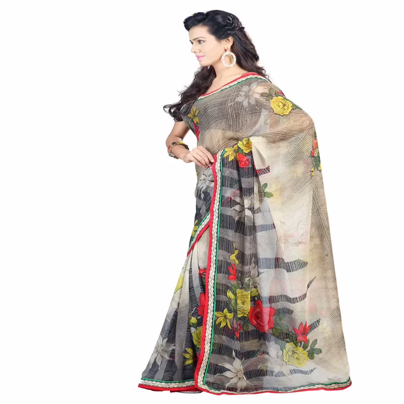 Lookslady Printed Beige Faux Georgette saree