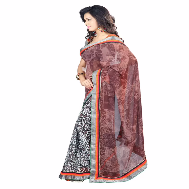 Lookslady Printed Brown Faux Georgette saree
