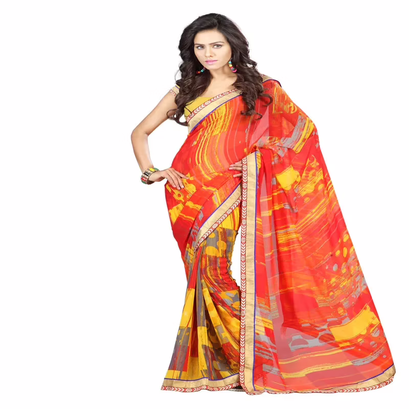 Lookslady Printed Red Faux Georgette saree