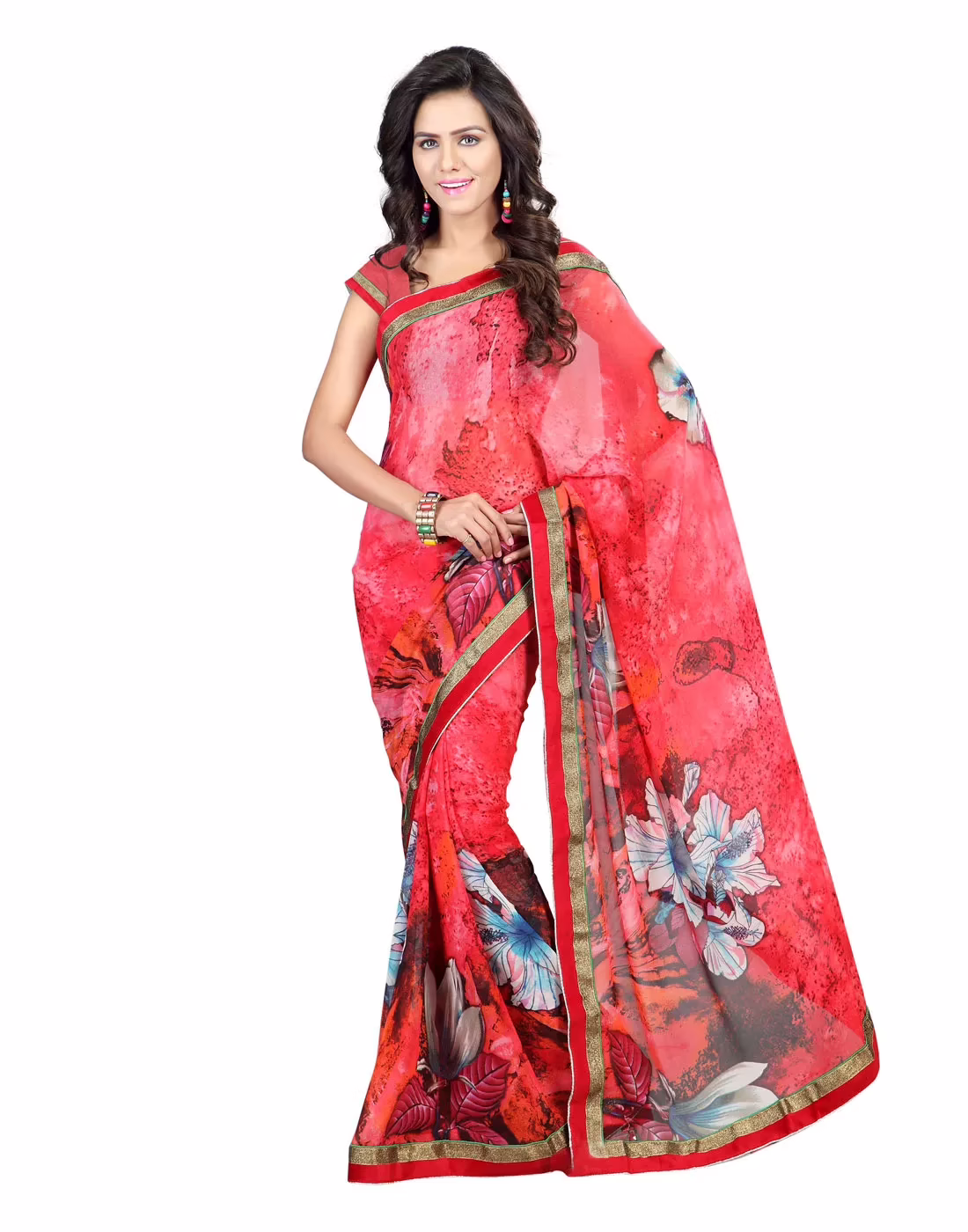 Lookslady Printed Red Faux Georgette saree