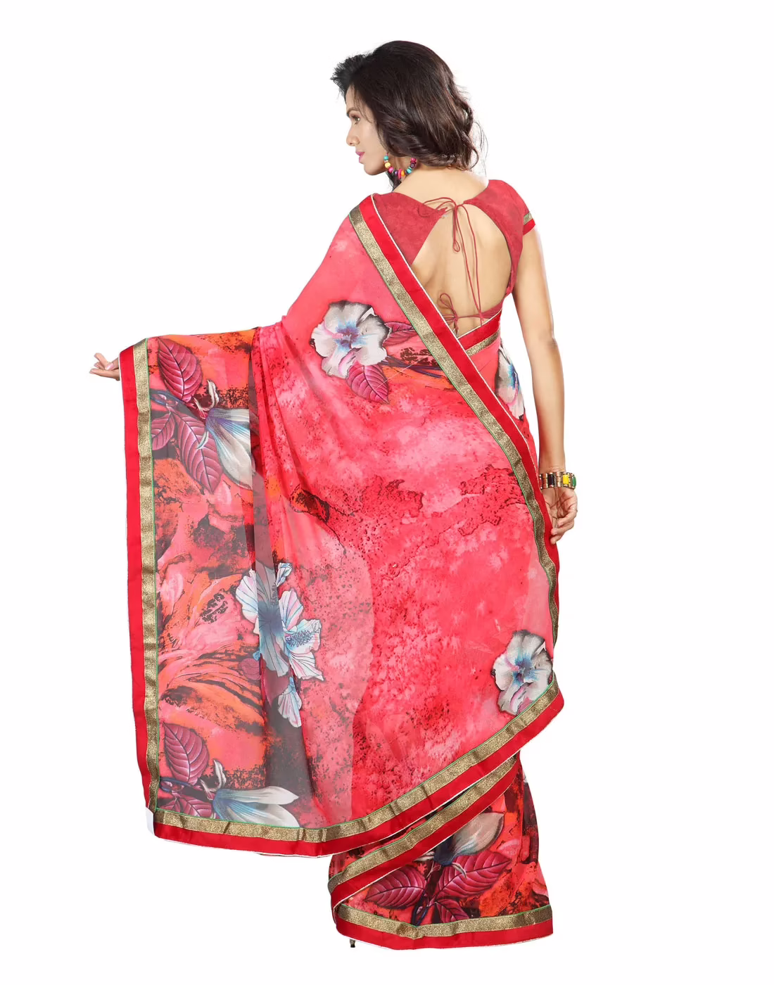 Lookslady Printed Red Faux Georgette saree