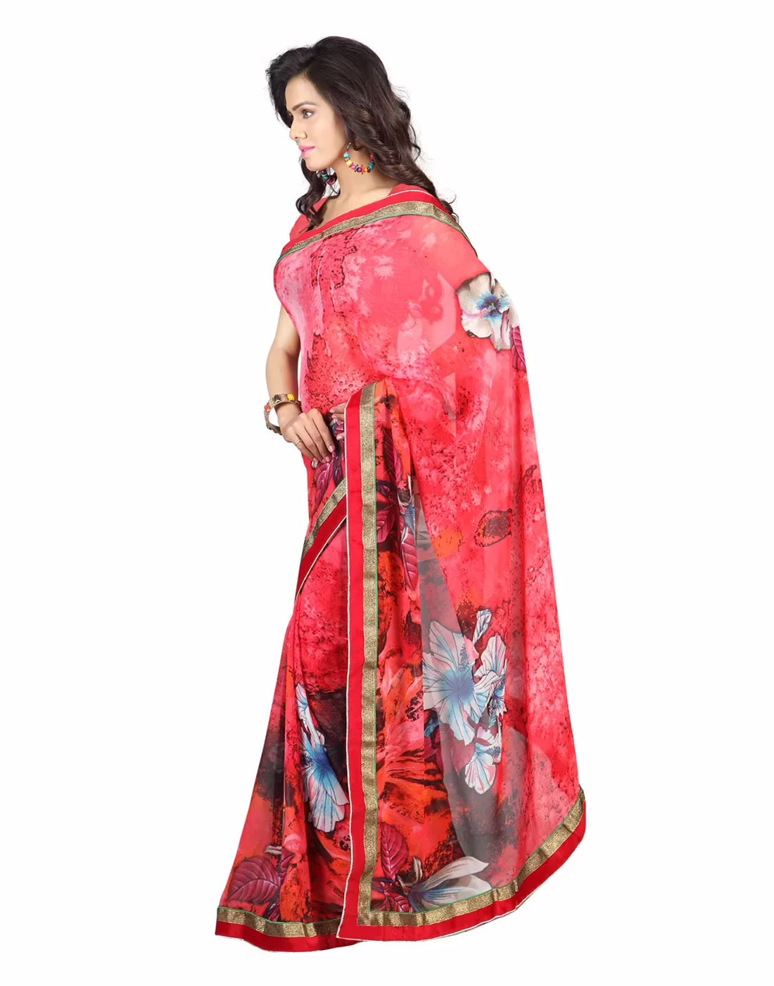 Lookslady Printed Red Faux Georgette saree
