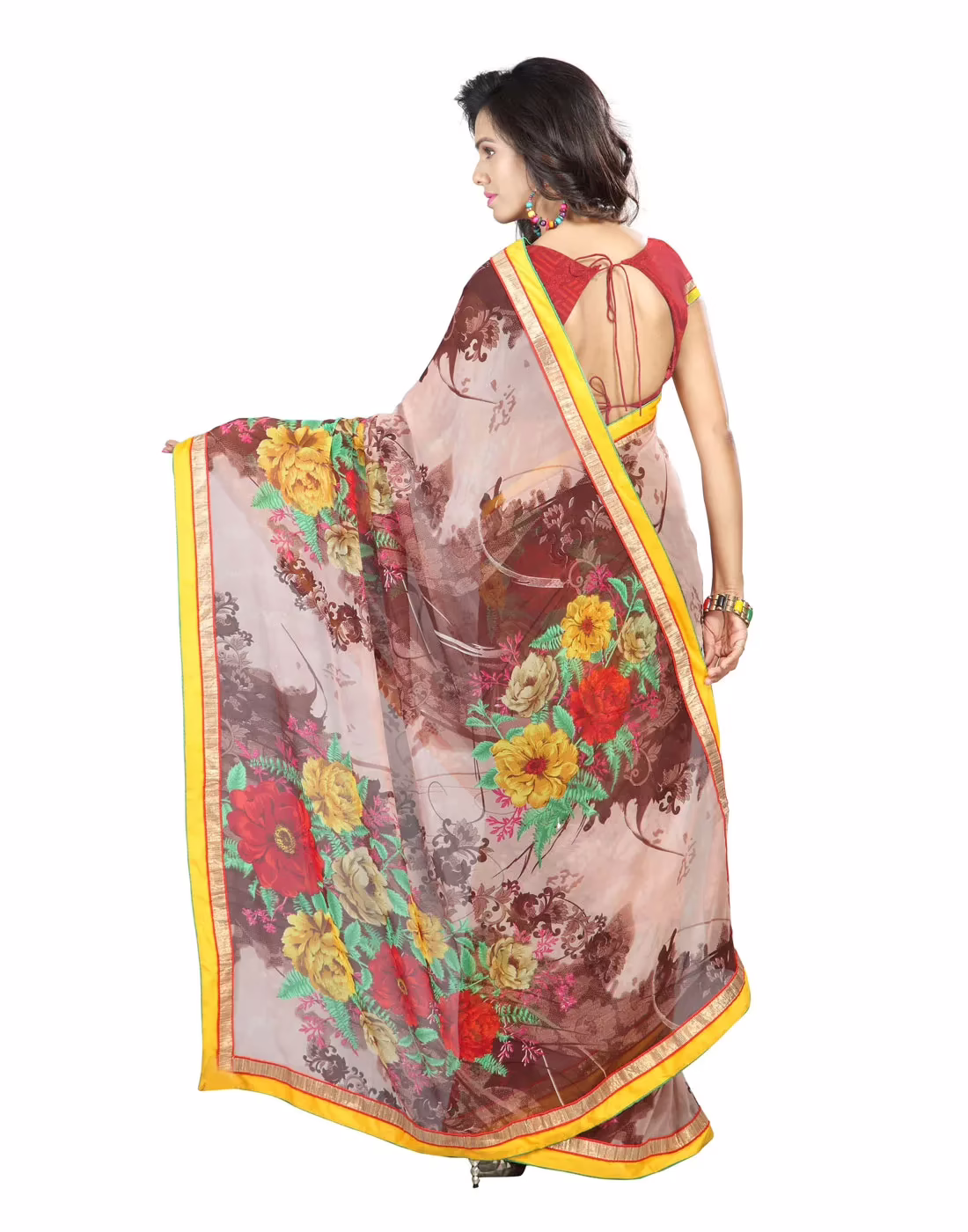 Lookslady Printed Brown Faux Georgette saree
