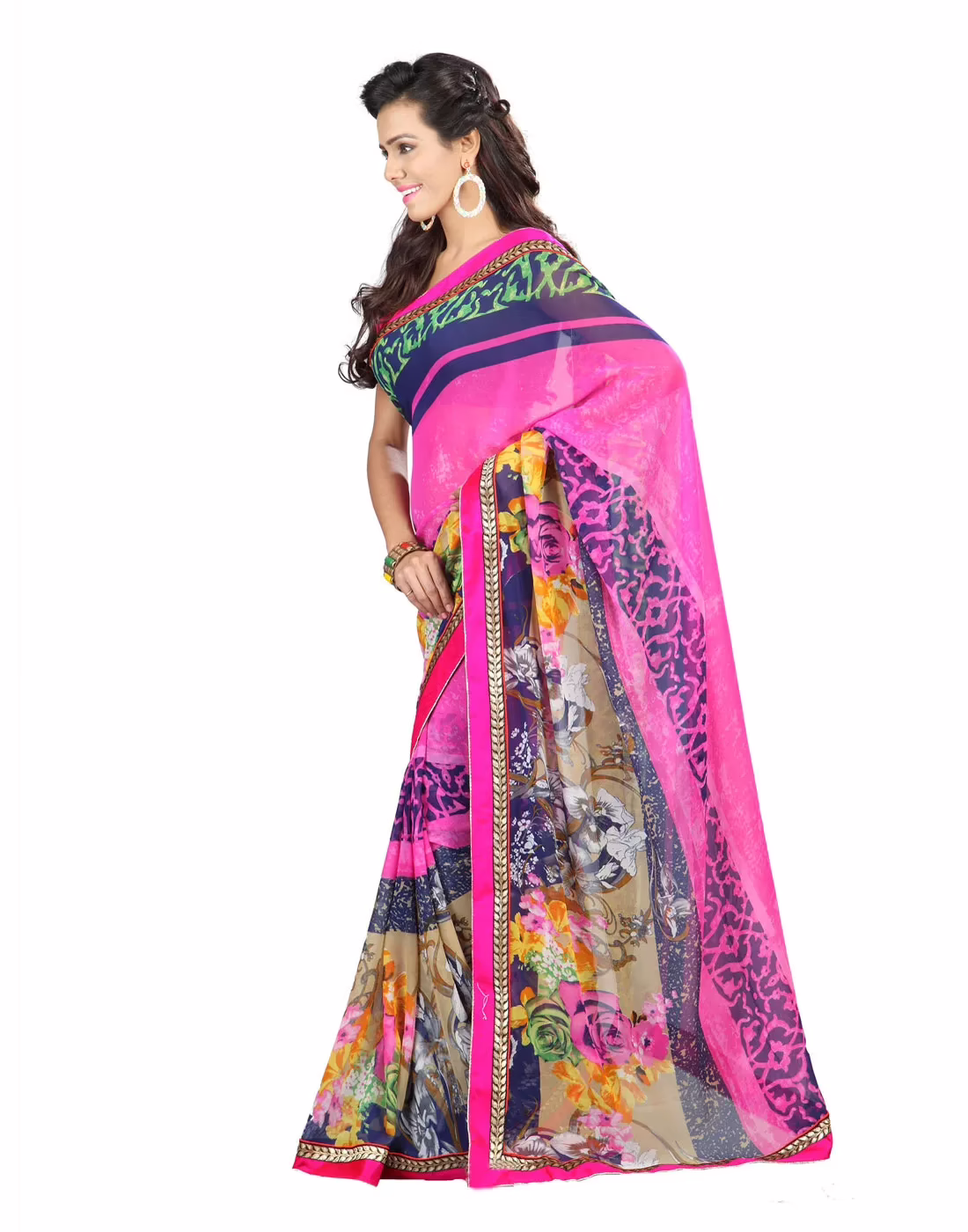 Lookslady Printed Pink Faux Georgette saree