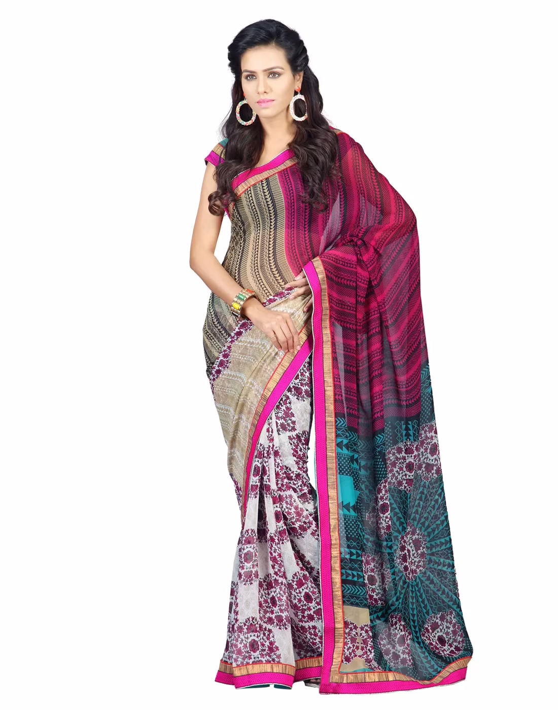 Lookslady Printed Beige Faux Georgette saree