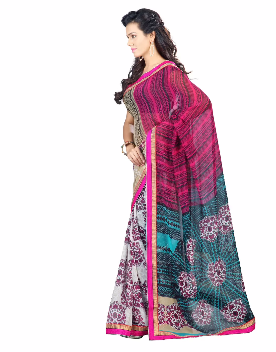 Lookslady Printed Beige Faux Georgette saree