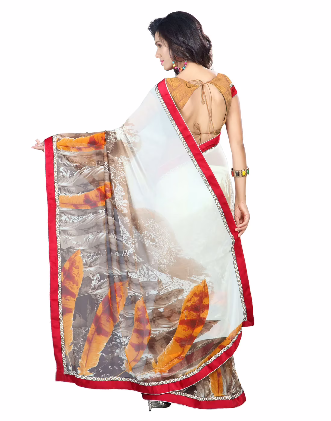 Lookslady Printed Orange Faux Georgette saree