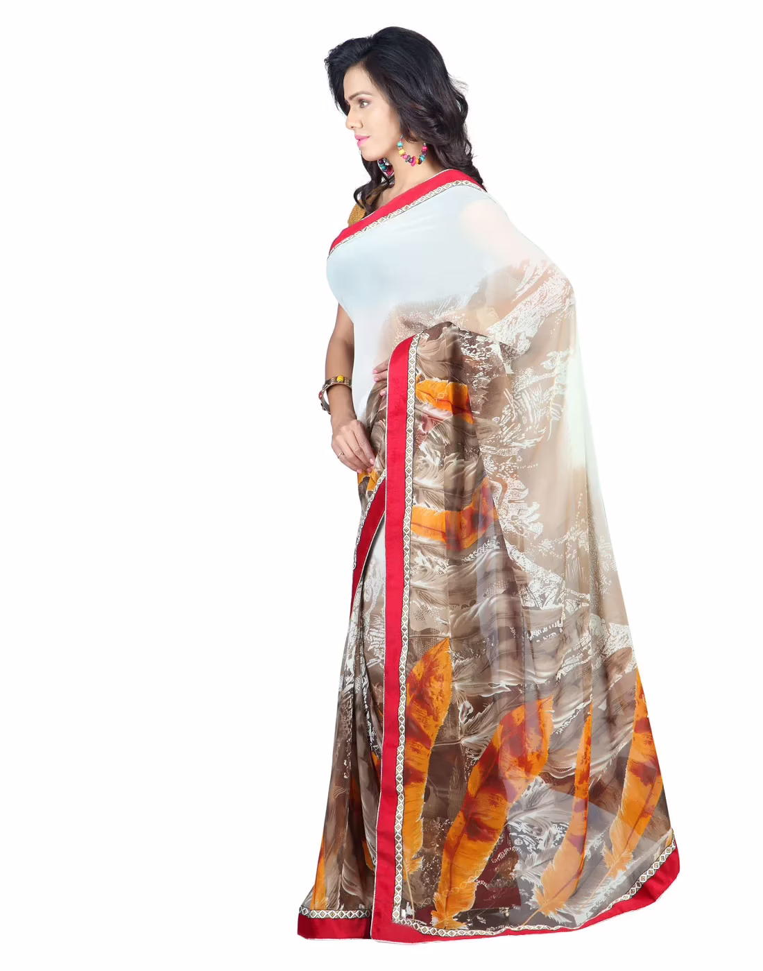 Lookslady Printed Orange Faux Georgette saree