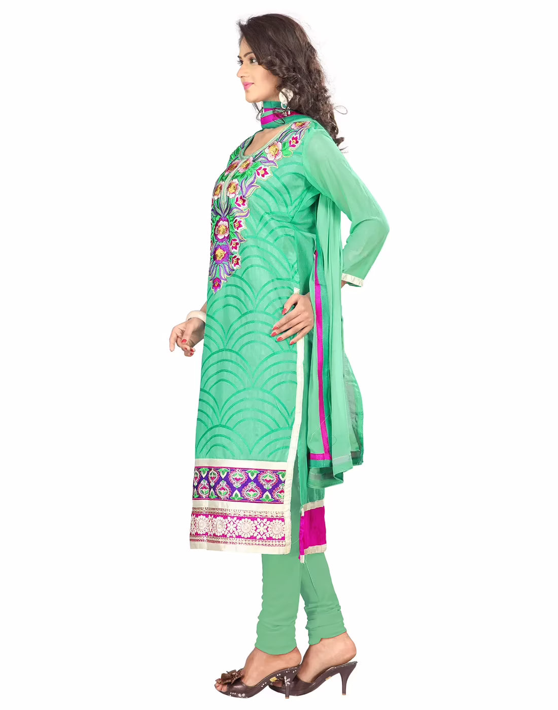 Lookslady Embroidered Turquoise Chanderi Dress-Material
