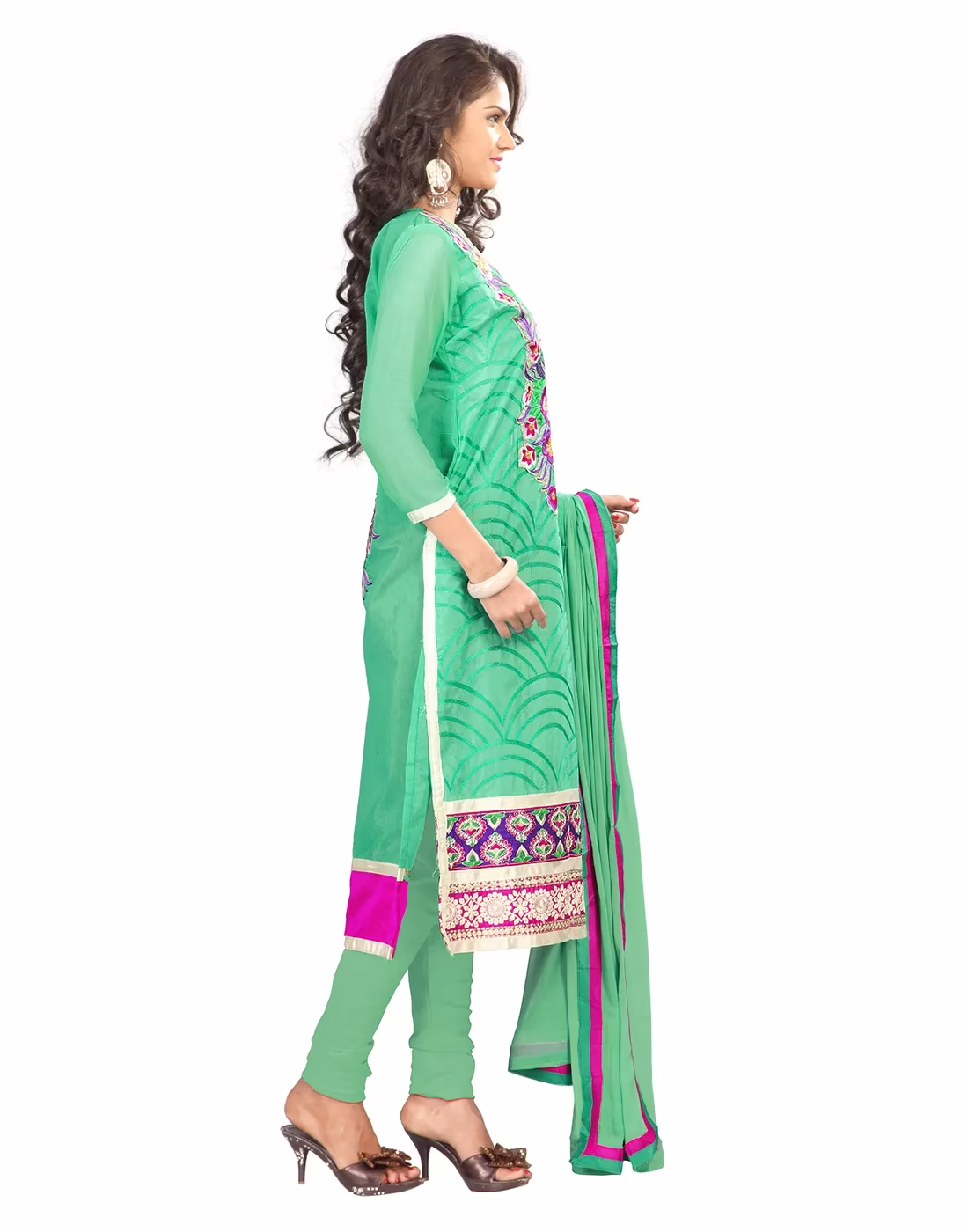 Lookslady Embroidered Turquoise Chanderi Dress-Material