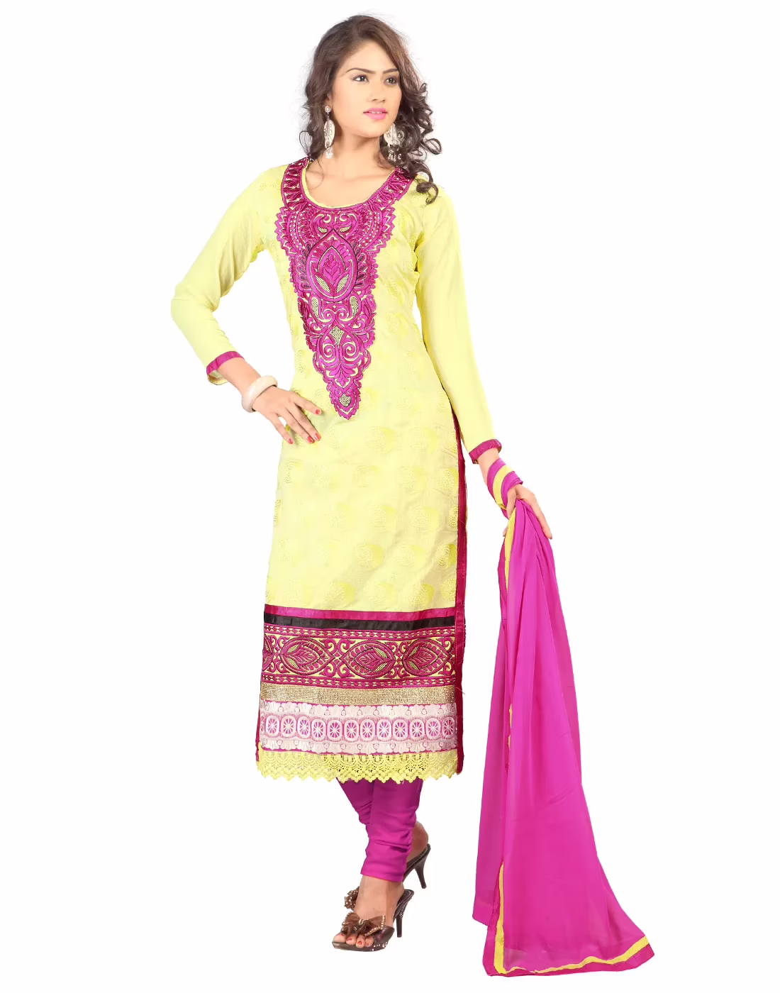 Lookslady Embroidered Yellow Chanderi Dress-Material